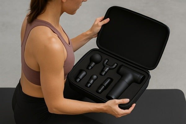 Deportista abriendo un maletín con pistola de masaje muscular y cabezales intercambiables