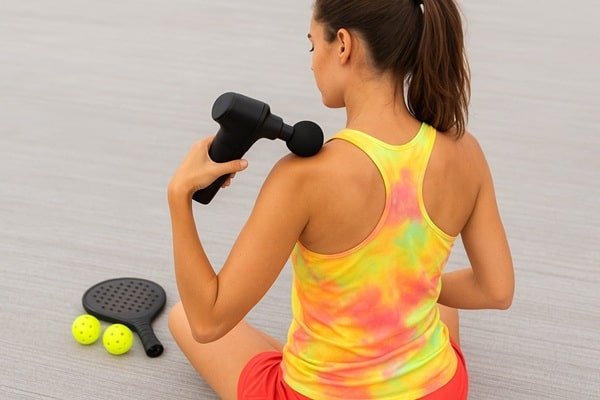 Aplicación de pistola de masaje muscular en hombro