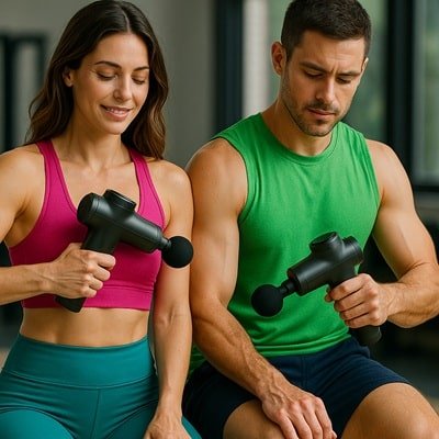 Deportistas usando pistolas de masaje muscular para recuperación y alivio del dolor