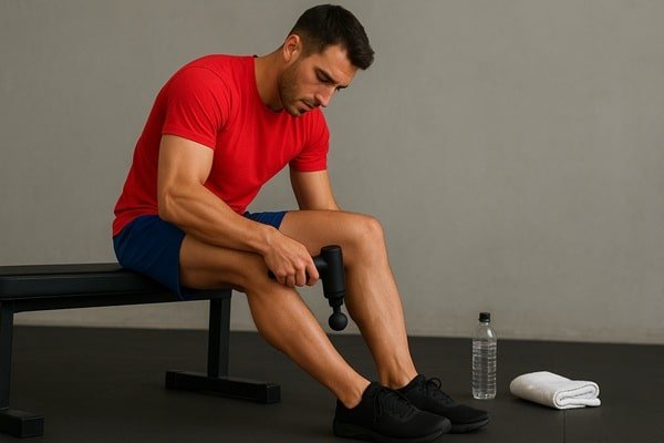 Pistola de masaje aplicada en el gemelo