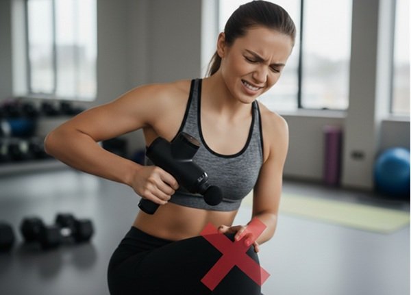 Deportista aplicando pistola de masaje en zona prohibida